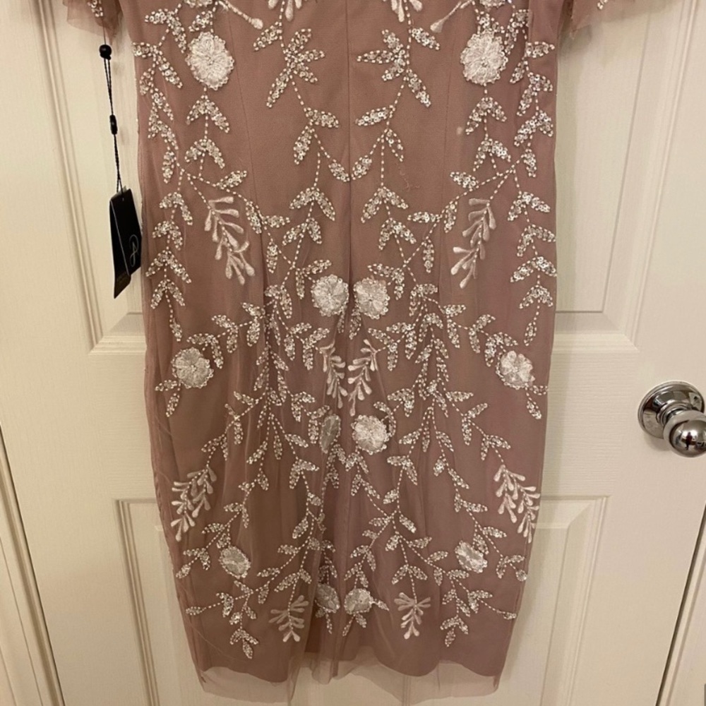 Adrianna Papell Embellished Flutter-Sleeve Sheath Dress in Dusted Petal/Ivory - Picture 11 of 13